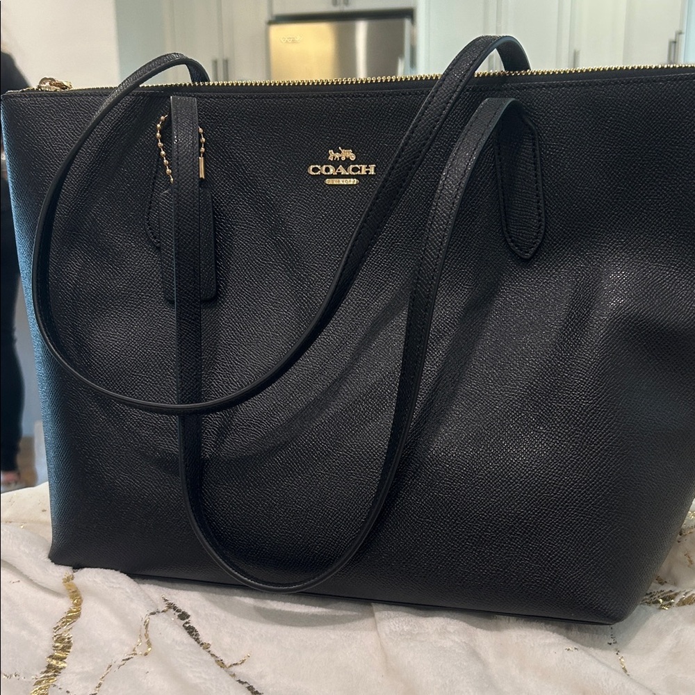 Coach Black Leather Tote with Gold Accents